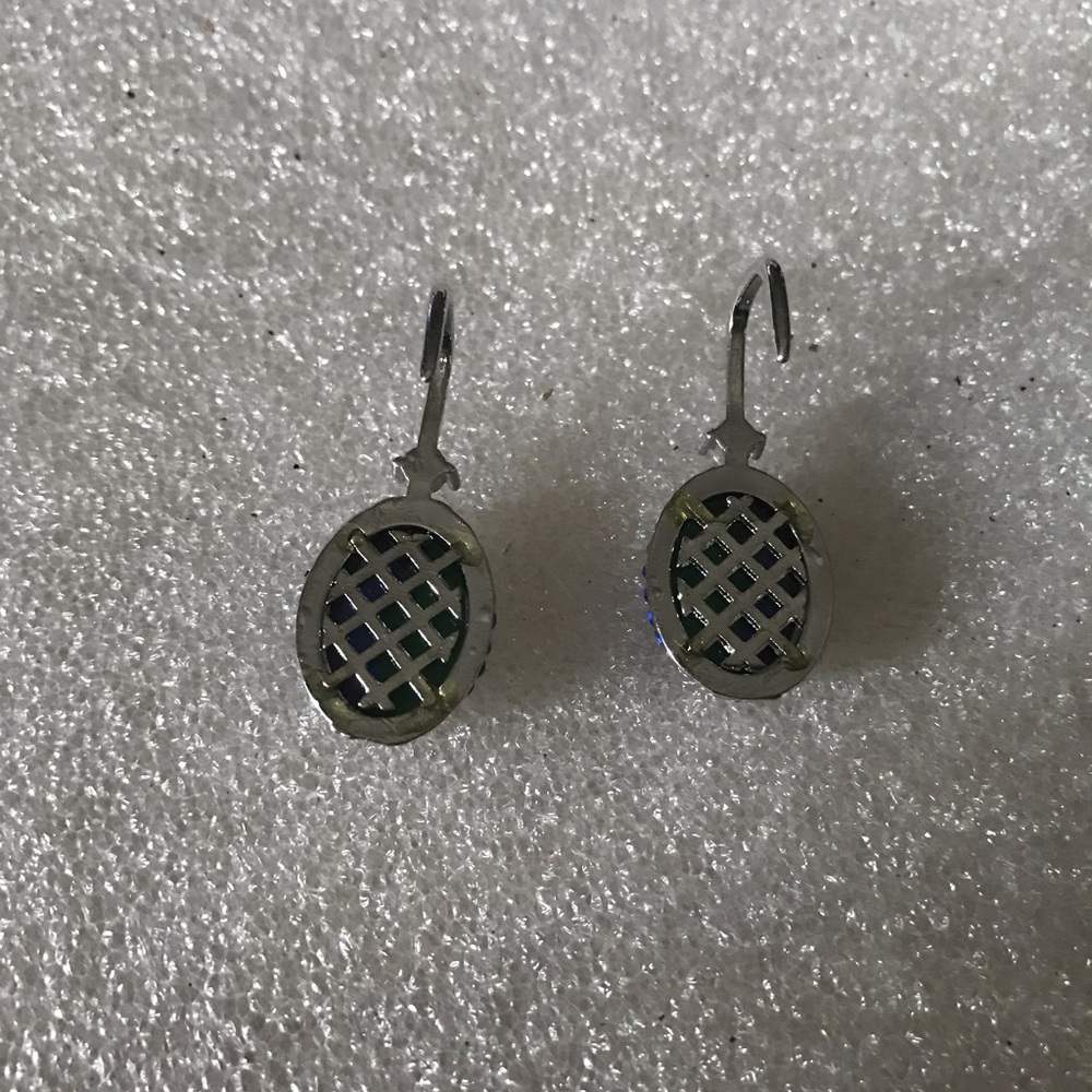 Silver-Tone Green glass and Blue Drop Earrings - Picture 3 of 3